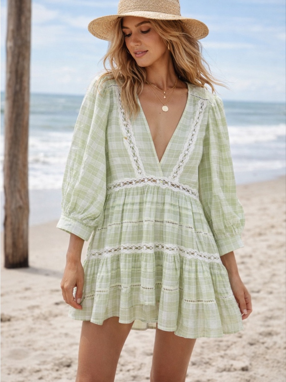 Free People Green Plaid Babydoll Tunic Mini Dress Womens S Oversized Tiered Boho